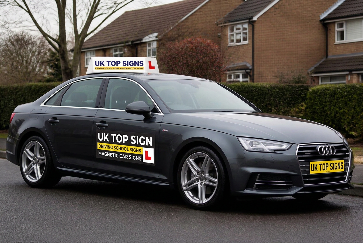 Grey Audi A4 fitted with a UK Top Signs driving school roof sign and magnetic door sign