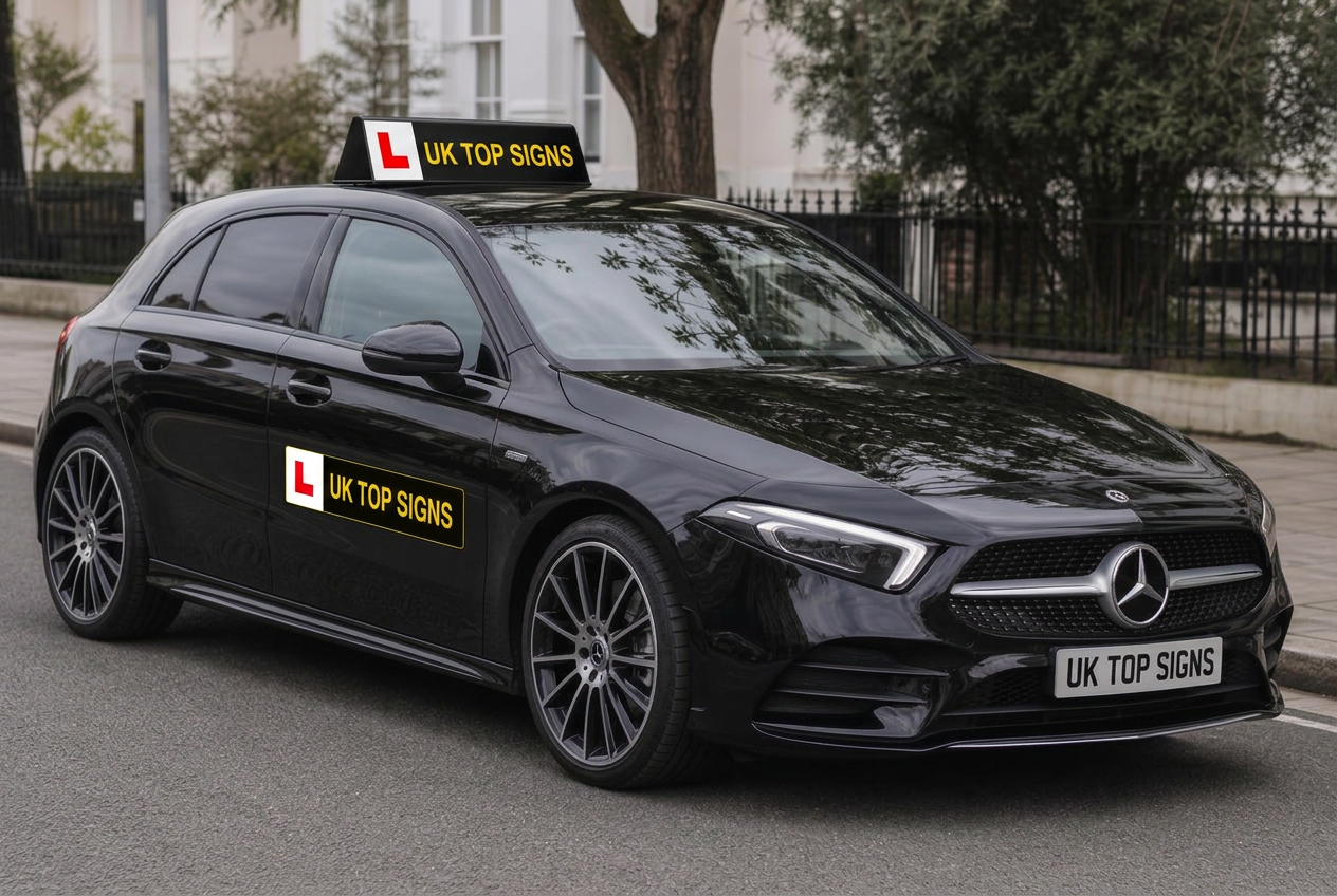 Black Mercedes-Benz A-Class AMG Line with a black and yellow UK Top Signs roof sign and magnetic driver's door sign