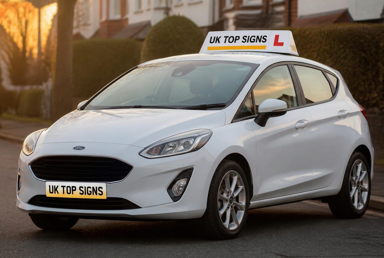 White Ford Fiesta driving school car with a UK Top Signs roof sign on a UK street at golden hour