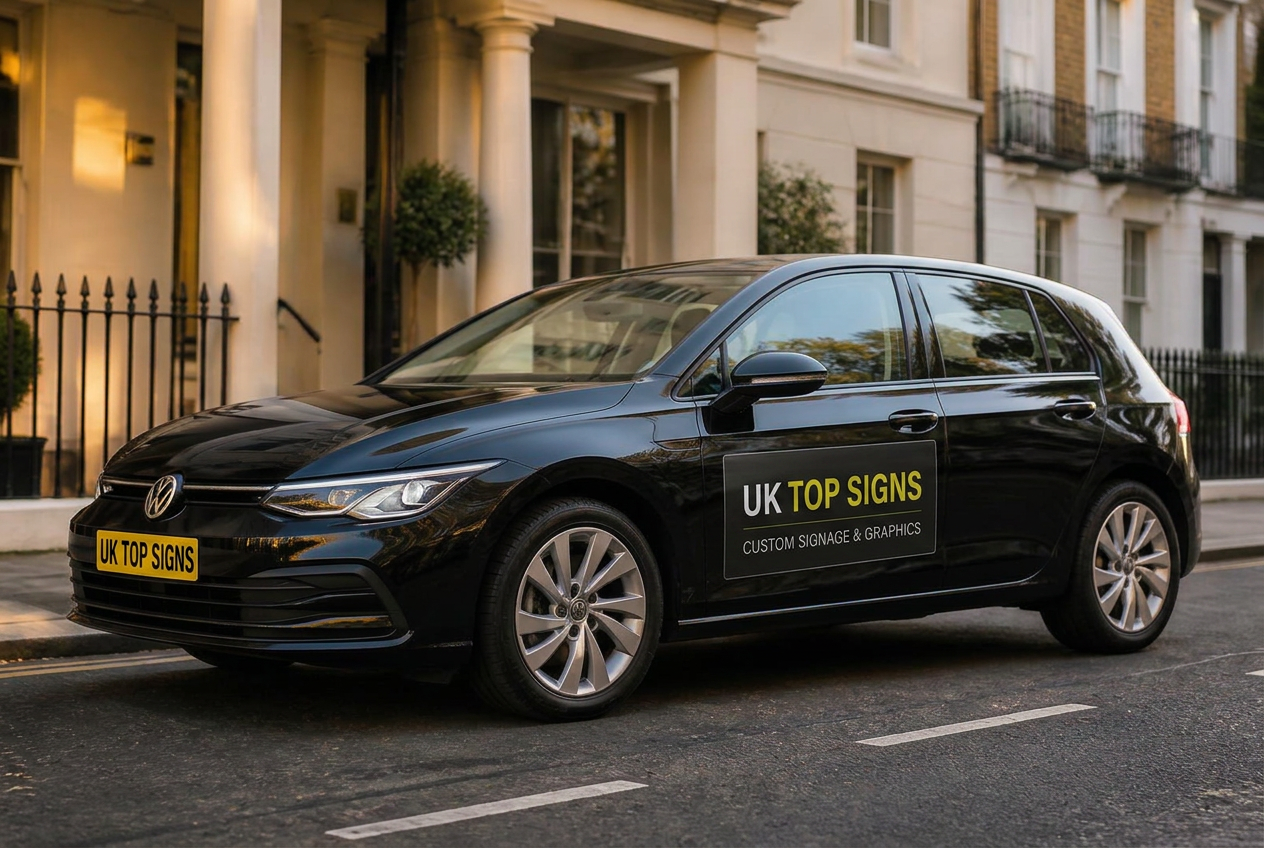 Black Volkswagen Golf with a small UK Top Signs magnetic sign on the front door